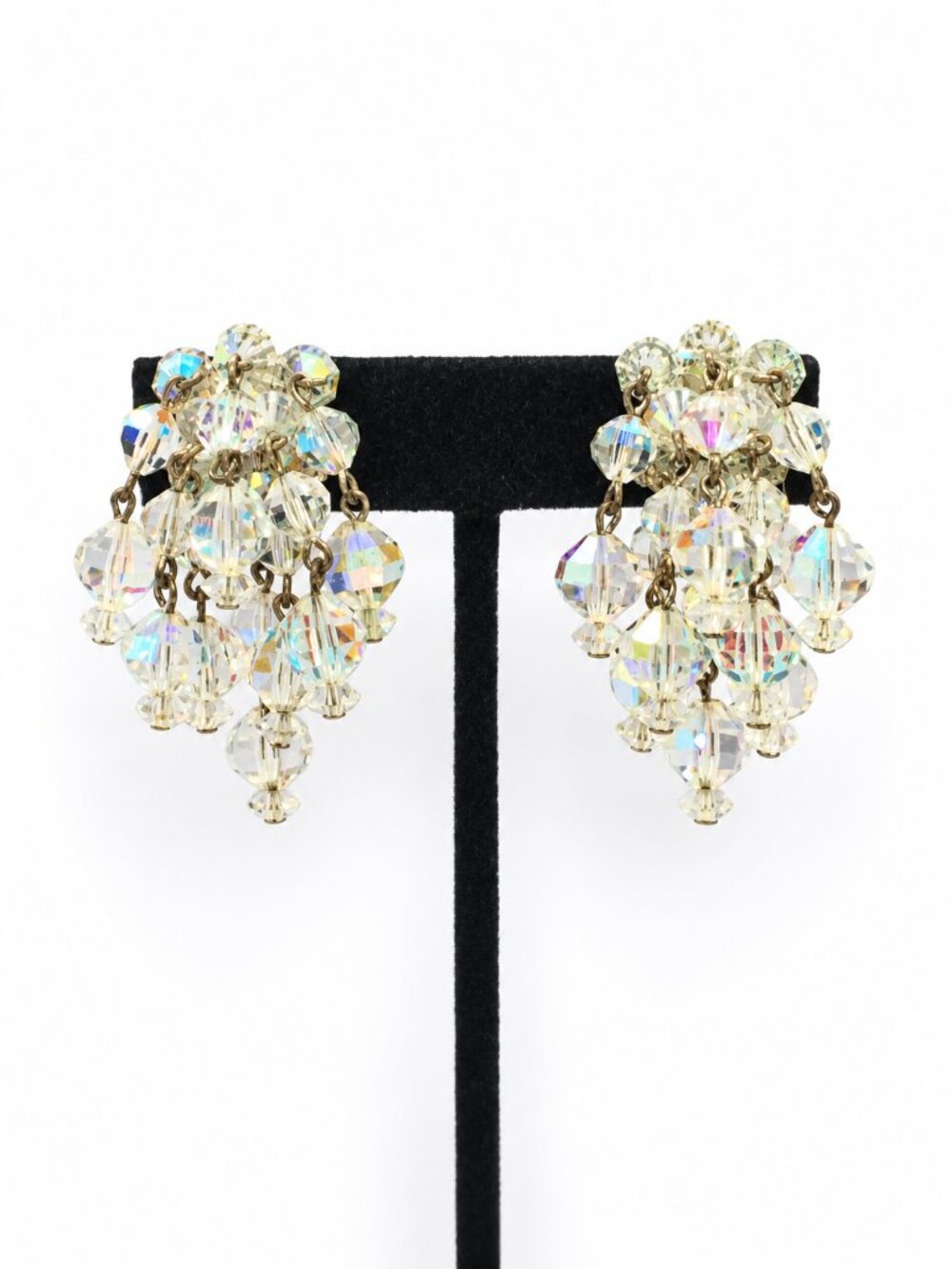 LAGUNA CLIP EARRINGS Vintage AB Aurora Borealis Cha Cha Waterfall Cluster Dangle